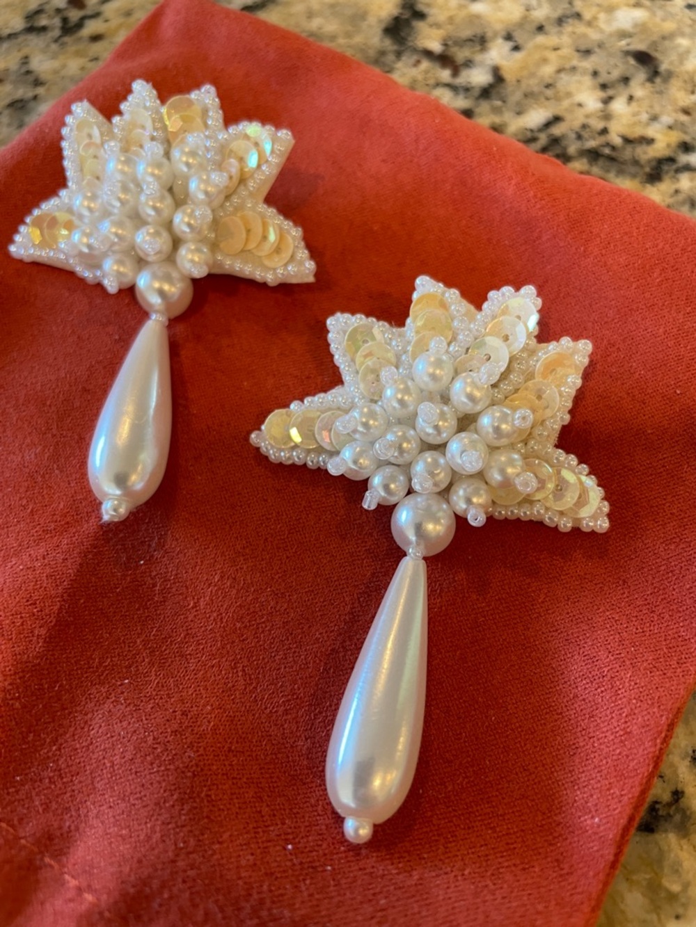 Vintage Handcrafted Sequin and Pearl Bead Drop Statement Earrings - White